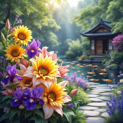 The primary subject of the image is a beautiful garden with a variety of flowers, including sunflowers and purple flowers. The setting is a serene pond, and the visual style is a digital art illustration. The colors and mood of the image are vibrant and lively, with the flowers and pond creating a peaceful and inviting atmosphere.